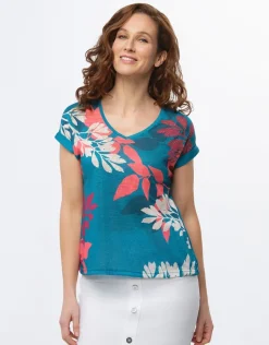 T-shirt bleu motif fleuri